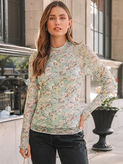 Damen Transparentes Mesh-Longsleeve mit Blumenprint und Stehkragen EB