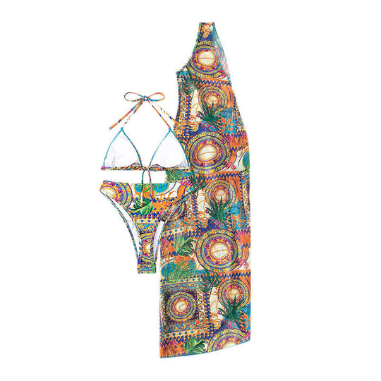 Damen Triangel-Bikini mit asymmetrischem Wickelrock und modischem Farbdesign EB