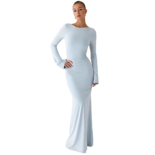 Damen Elegantes Maxikleid mit langem Arm und schwingendem Rock EB