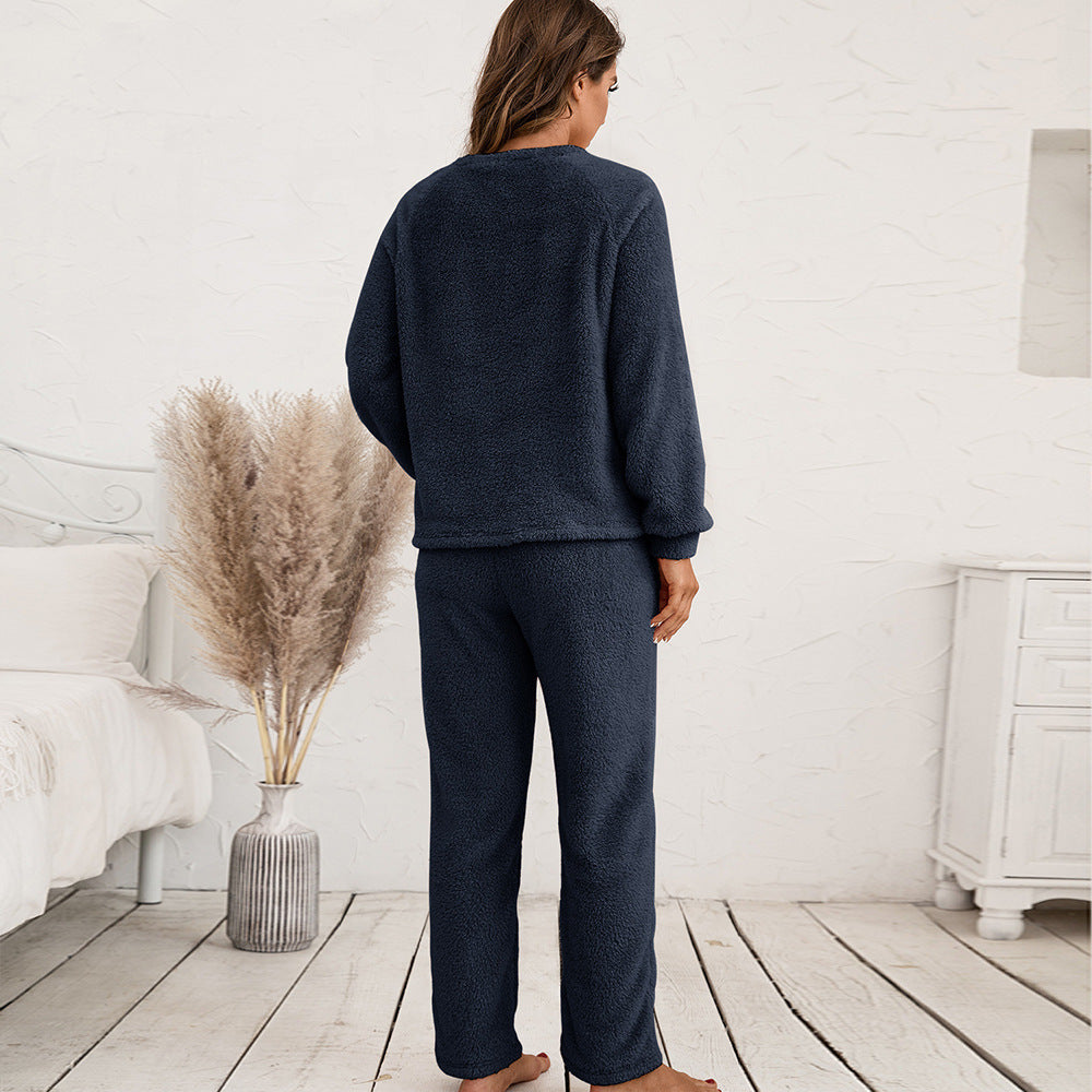 Damen Kuscheliges Fleece-Pyjama-Set mit langen Ärmeln und bequemen Hosen EB