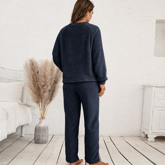 Damen Kuscheliges Fleece-Pyjama-Set mit langen Ärmeln und bequemen Hosen EB