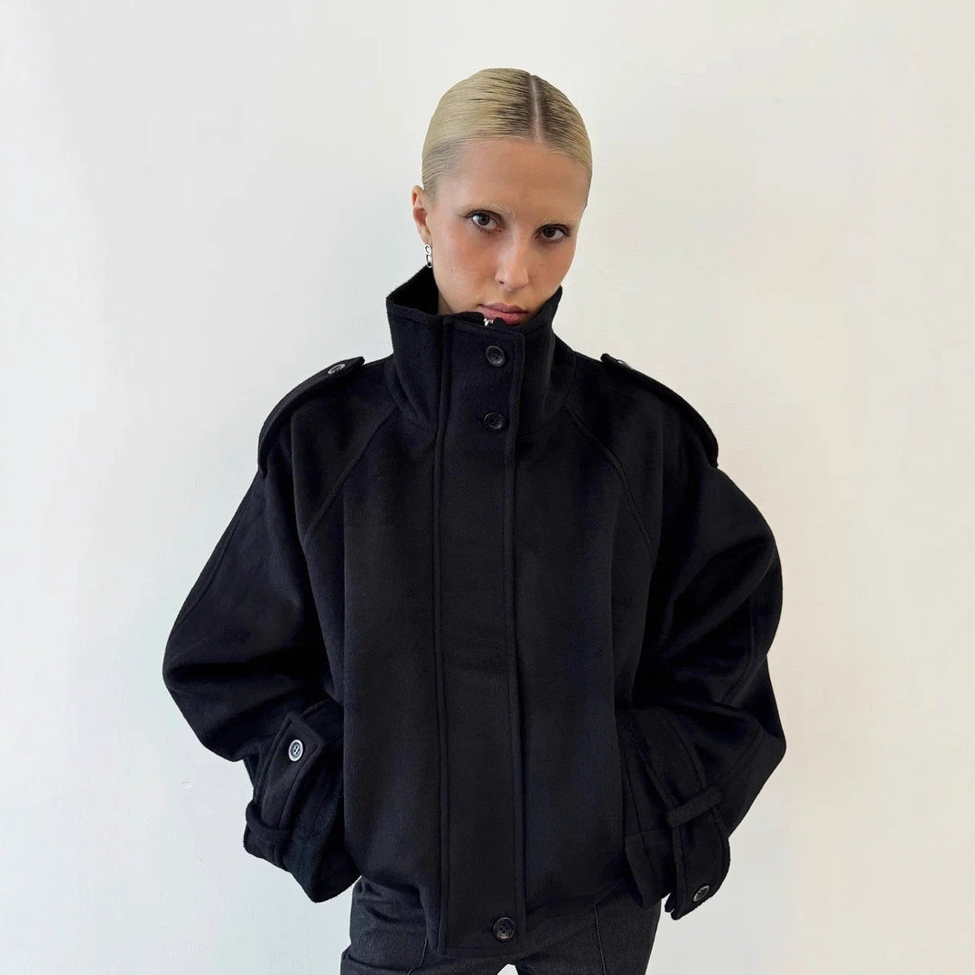 Damen nan kurzer Wollmix-Blouson mit hohem Stehkragen, Schulterpatten und voluminösen Ballonärmeln EB