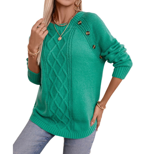 Damen Strickpullover mit dekorativem Zopfmuster und Knopfdetails EB