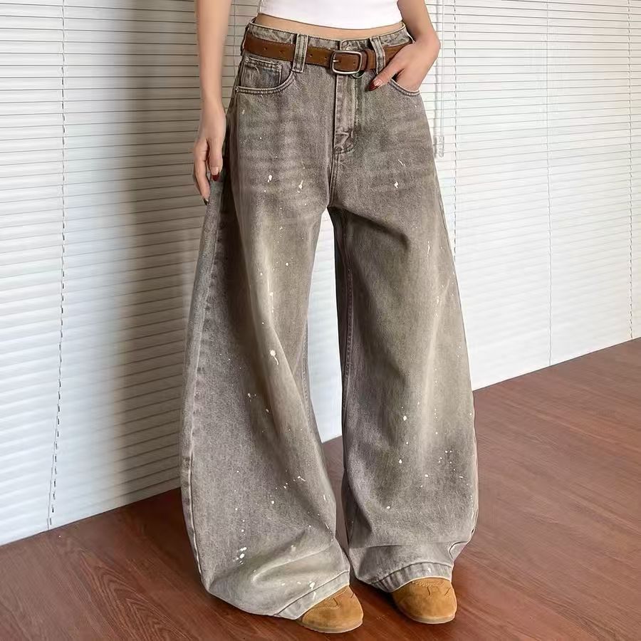 Damen weite Jeanshose im Vintage-Stil mit lässigem Schnitt und kreativen Farbdetails EB
