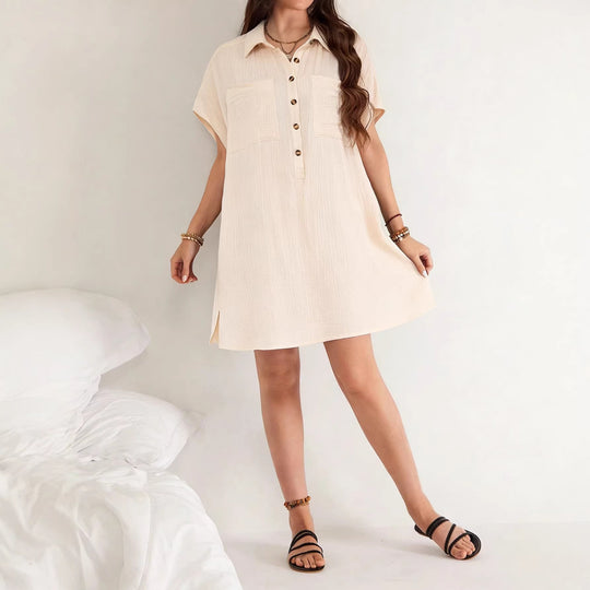 Damen lässiges Hemdblusenkleid mit Knopfleiste und zwei Taschen EB