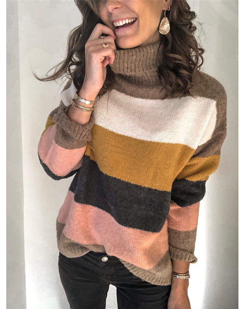 Damen modischer Strickpullover mit hohem Kragen und breitem Streifenmuster EB