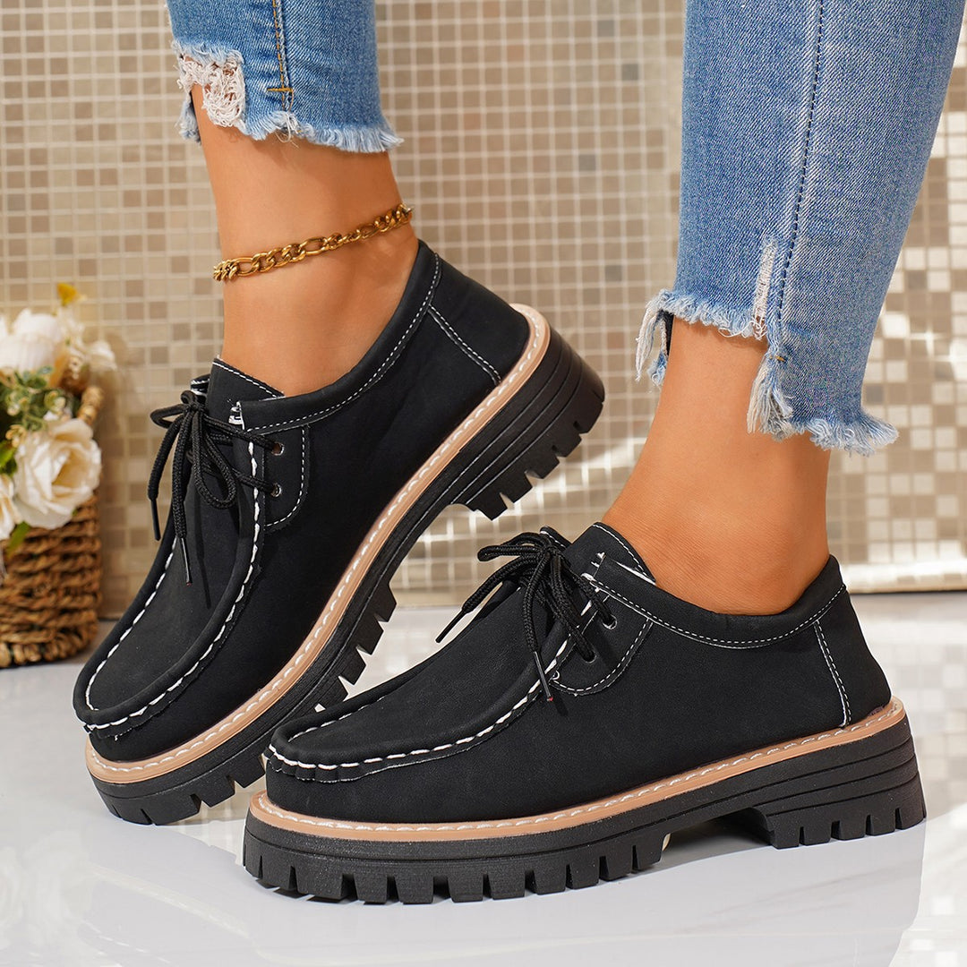 Damen elegante Derby-Schnürer aus Lederimitat mit Mokassinnaht und grober Profilsohle EB