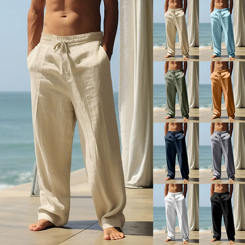 Herren nan lockere Leinen-Baumwoll-Freizeithose mit elastischem Bund und Kordelzug EB