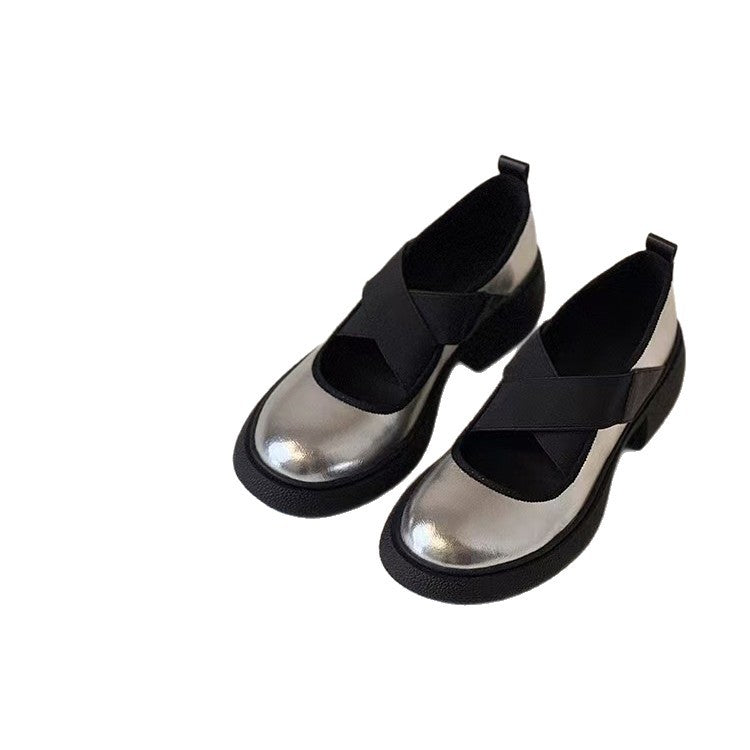 Damen Ballerina mit elastischen Kreuzriemen und modischem Blockabsatz EB