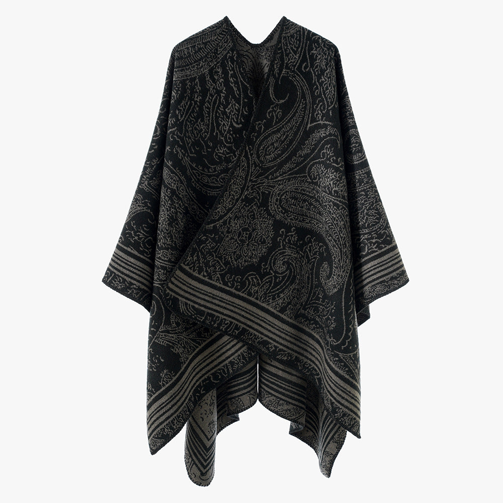 Damen Jacquard-Poncho im Ruana-Schnitt mit Paisley-Muster und breiter Bordüre EB