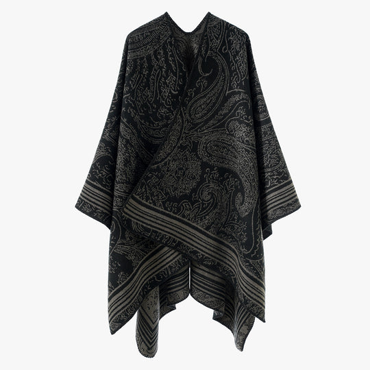 Damen Jacquard-Poncho im Ruana-Schnitt mit Paisley-Muster und breiter Bordüre EB