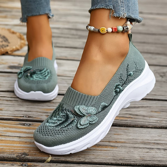 Damen Bequeme Slip-On Sneakers mit Blumenstickerei EB