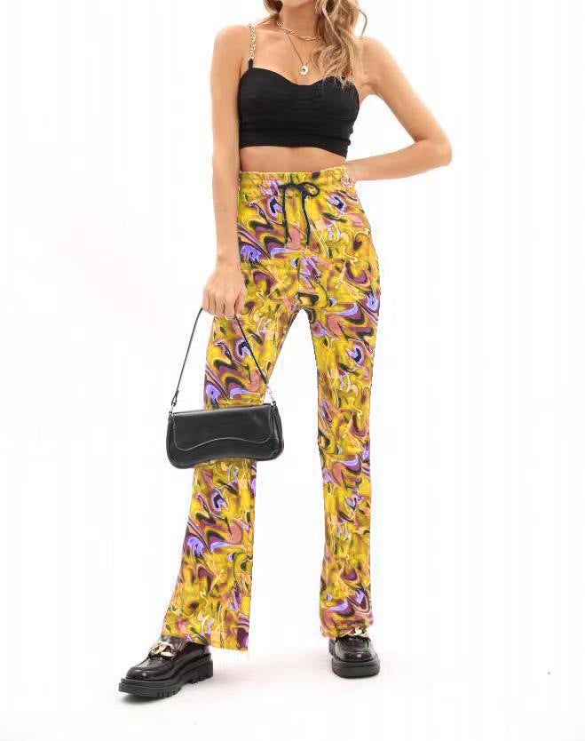 Damen weite Palazzo-Hose mit modischem Wellenmuster und elastischem Bund EB