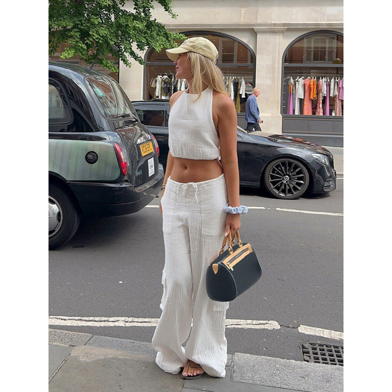 Damen lässiges Set aus Crop-Top und weit geschnittenen Hosen EB