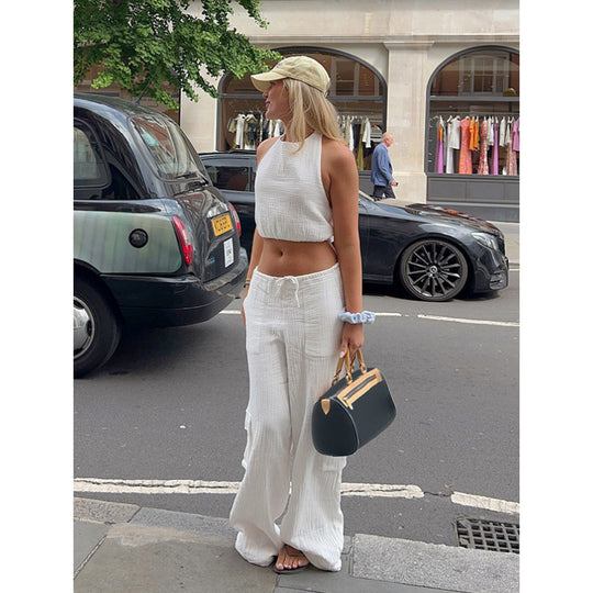 Damen lässiges Set aus Crop-Top und weit geschnittenen Hosen EB