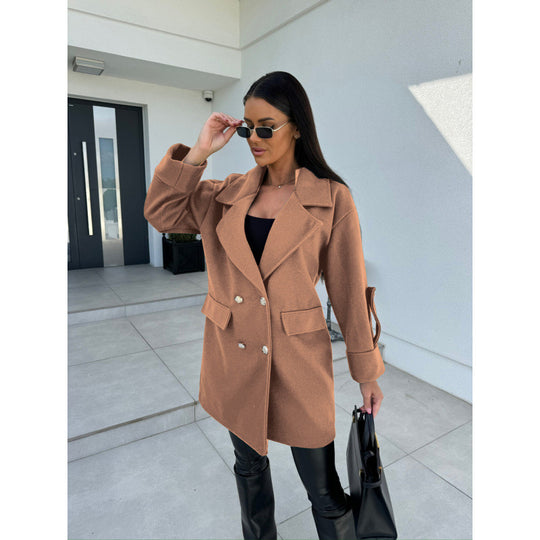 Damen modischer Oversized-Baumwollblazer mit doppelter Knopfleiste und praktischen Taschen EB