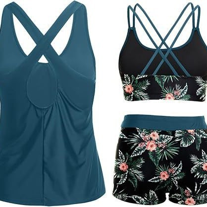 Damen Sportliches Tankini-Set mit floralem Oberteil und Shorts EB
