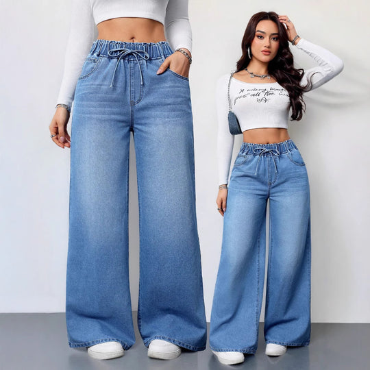 Damen Hochtaillierte Weite Jeans mit bequemem Kordelzug EB