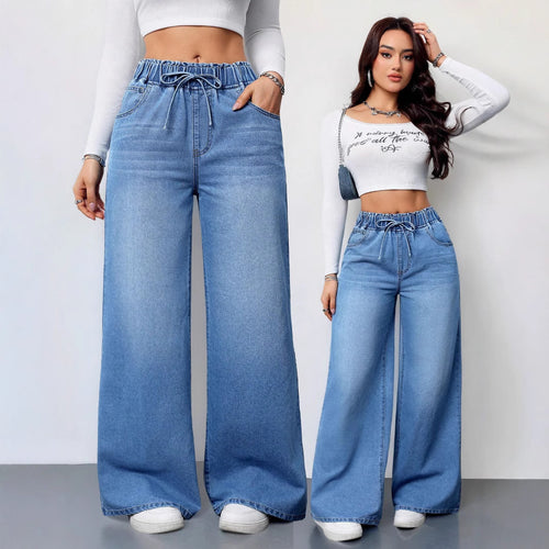Damen Hochtaillierte Weite Jeans mit bequemem Kordelzug EB