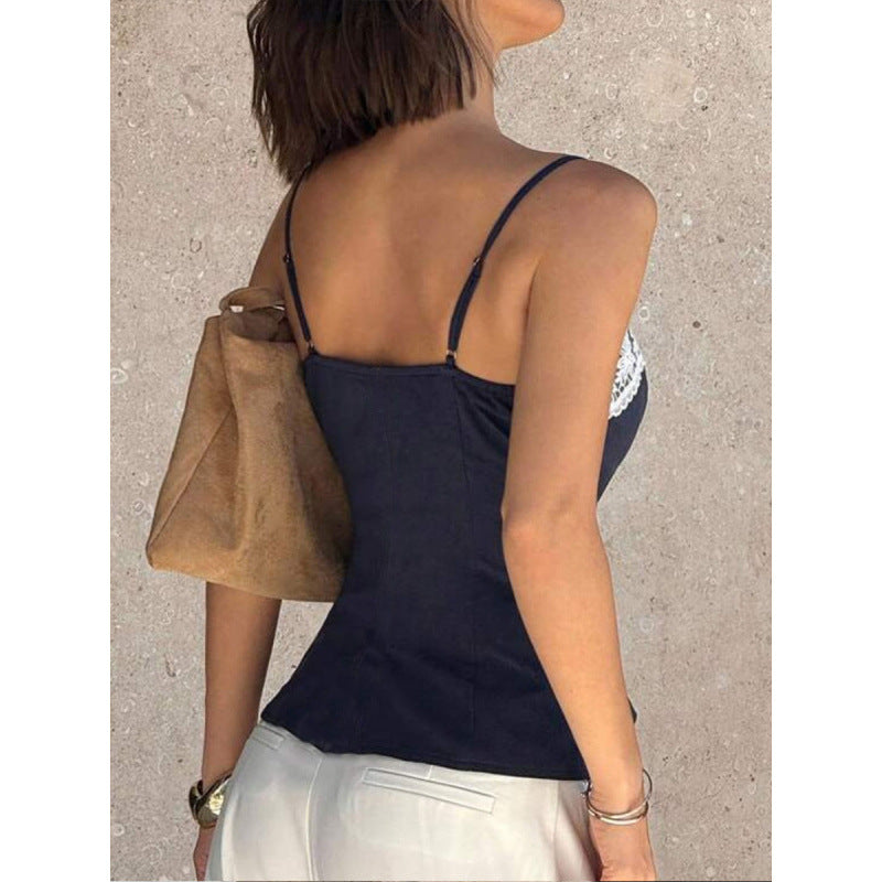 Damen Spaghetti-Träger Top mit elegantem Spitzenrand EB