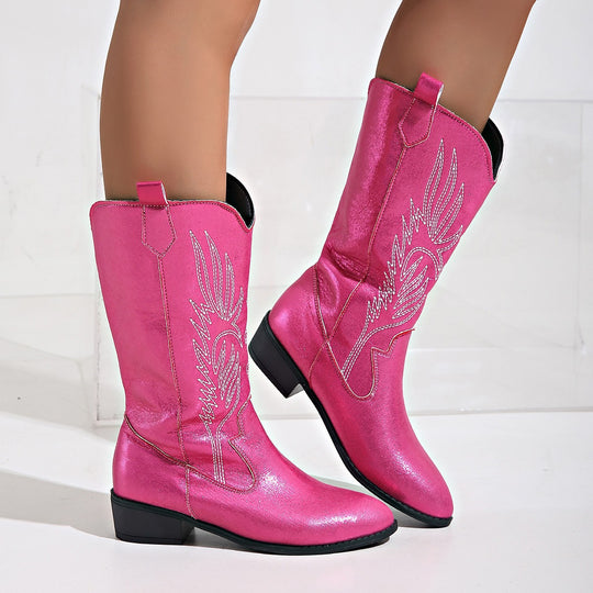 Damen Cowgirl-Kniehoher Stiefel mit dekorativer Stickerei, Pull‑Tabs und komfortablem Blockabsatz EB