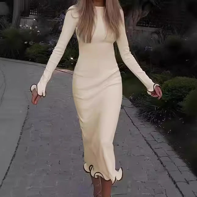Damen Elegantes Langarm-Midikleid mit verspieltem Saum EB