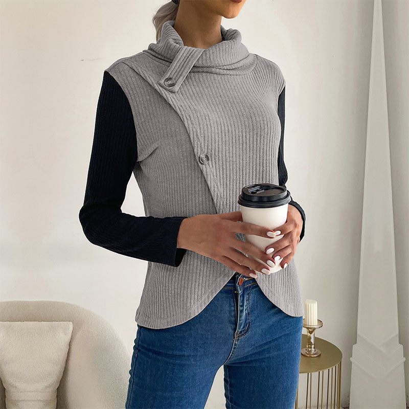 Damen Strickoberteil mit asymmetrischem Reverskragen und dekorativen Knöpfen EB