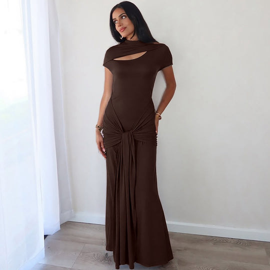 Damen Elegantes Langarm-Maxikleid mit raffiniertem Knotendesign EB