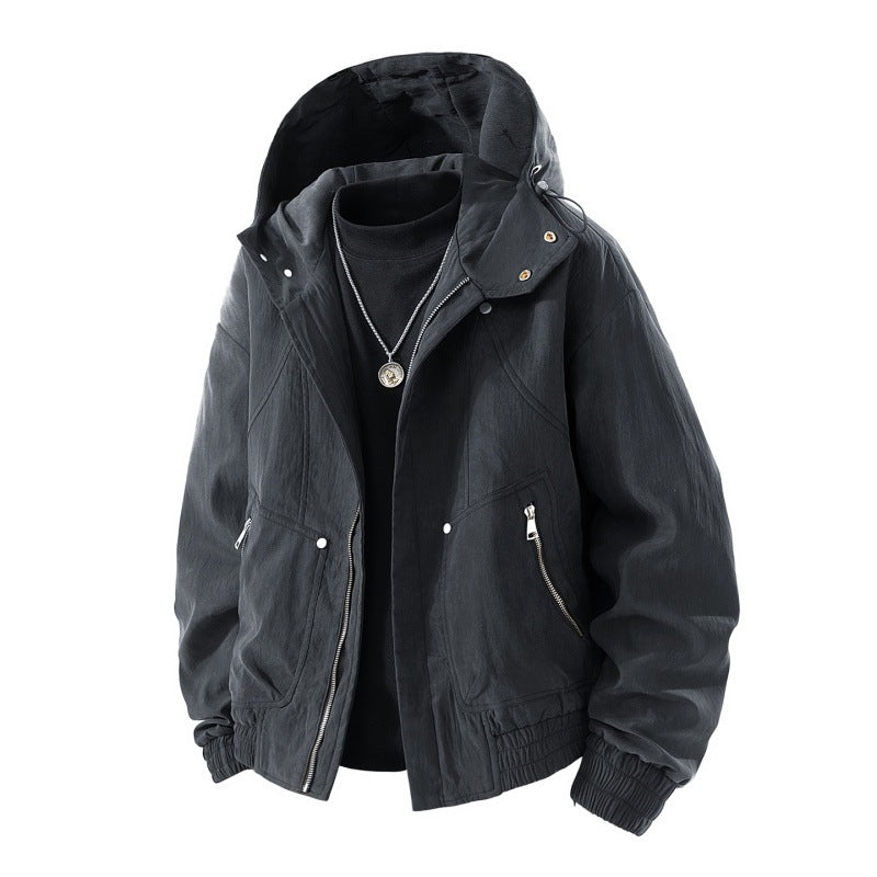 Herren leichte Utility-Kapuzenjacke mit verstaubarer Kapuze, wasserabweisender Beschichtung, Reißverschlusstaschen und elastischen Bündchen EB