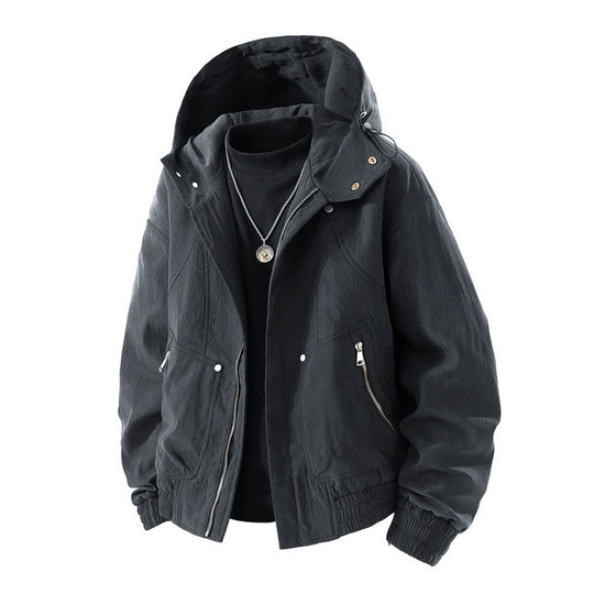 Herren leichte Utility-Kapuzenjacke mit verstaubarer Kapuze, wasserabweisender Beschichtung, Reißverschlusstaschen und elastischen Bündchen EB
