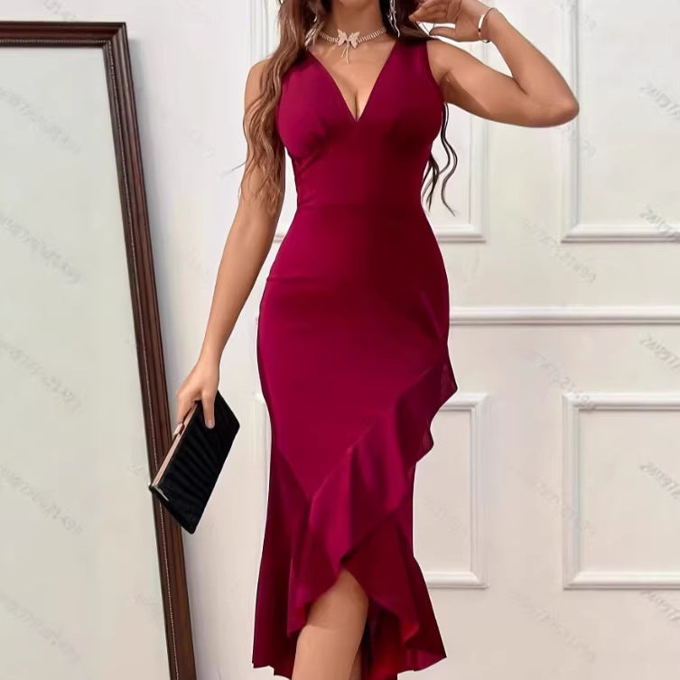 Damen Midikleid mit V-Ausschnitt und asymmetrischem Rüschensaum EB