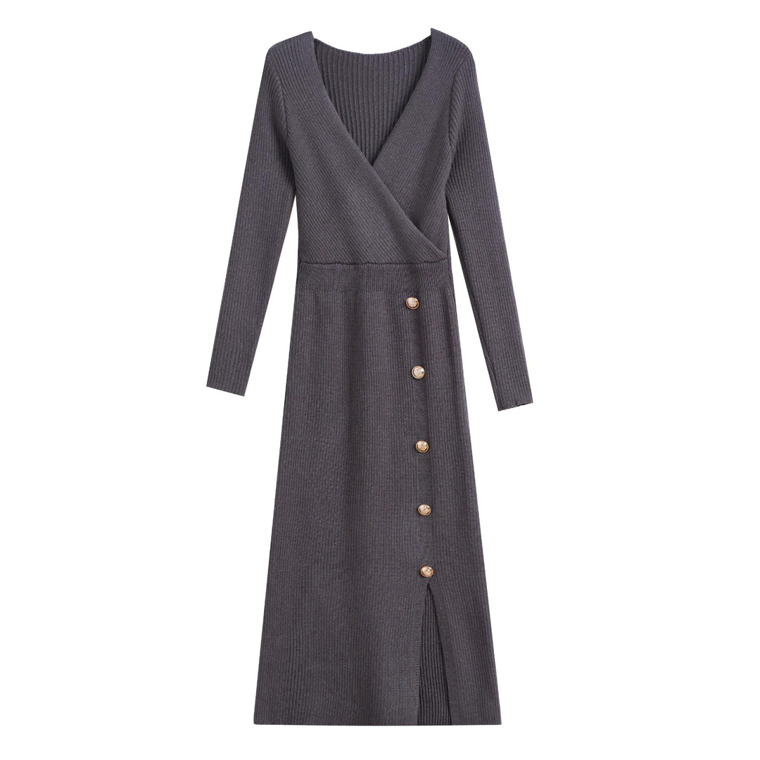 Damen Strickkleid mit Wickeloptik und Knopfdetails EB