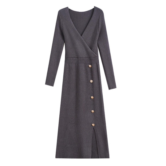 Damen Strickkleid mit Wickeloptik und Knopfdetails EB