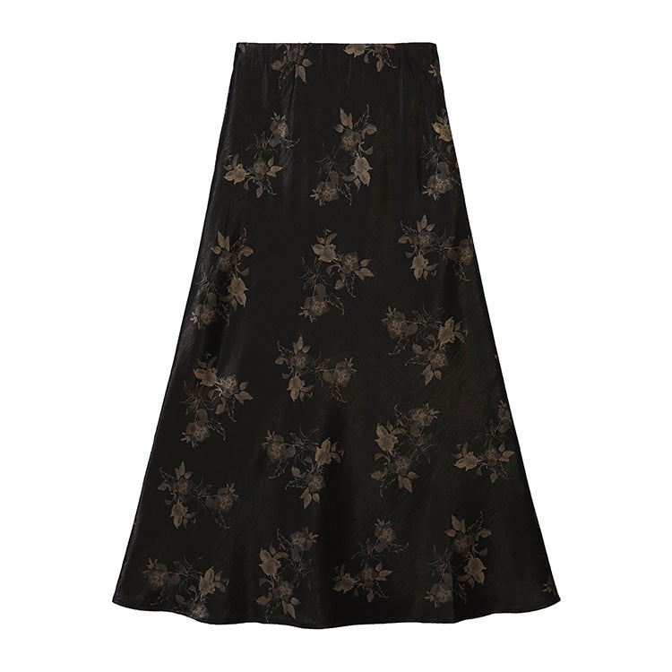 Damen  taillenhoher A-Linien-Midirock aus jacquardähnischem Satin mit floralem Relief EB