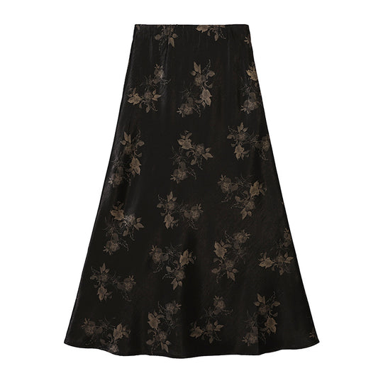Damen  taillenhoher A-Linien-Midirock aus jacquardähnischem Satin mit floralem Relief EB