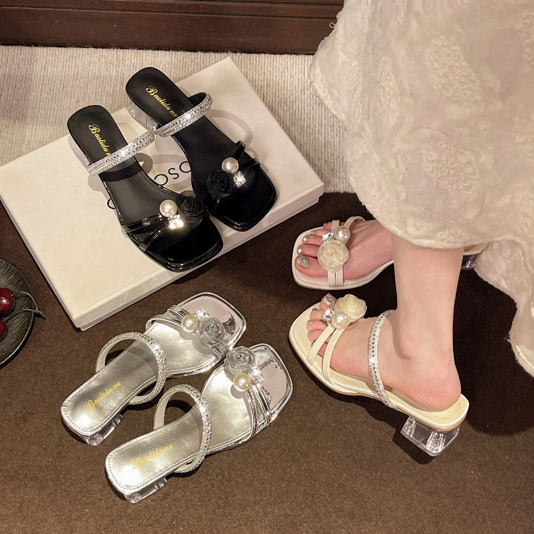 Damen Glamouröse Sandalen mit funkelnden Applikationen und transparentem Blockabsatz EB