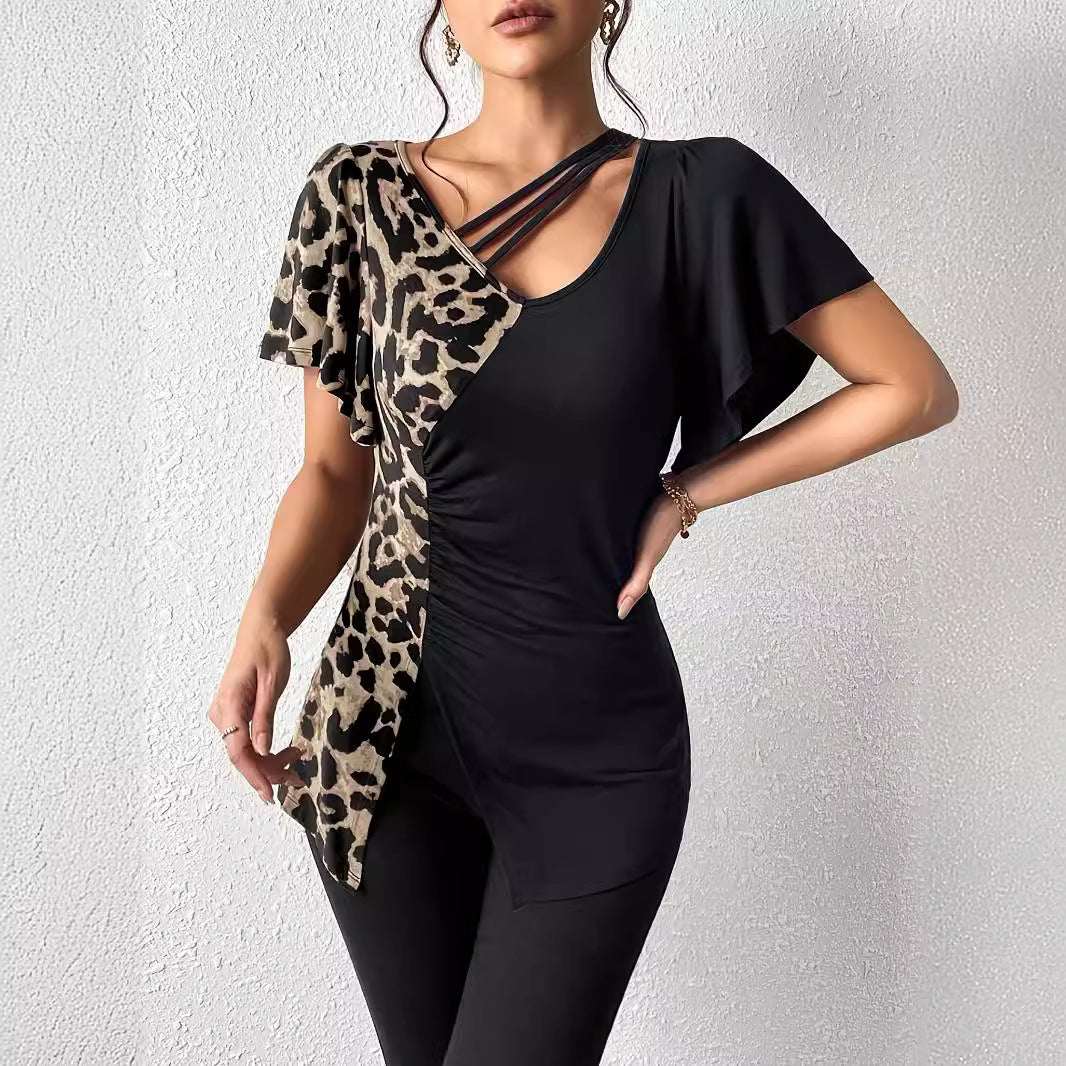 Damen nan asymmetrische Stretch-Tunika mit Leopardenprint-Seiteneinsatz und Mehrfachträgern EB