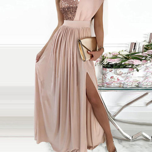 Damen Elegantes Abendkleid mit schimmerndem Oberteil und voluminösem Rock EB