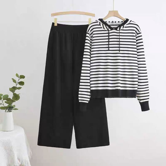 Damen gestreiftes Freizeitset mit Kapuze und weitem Schnitt EB