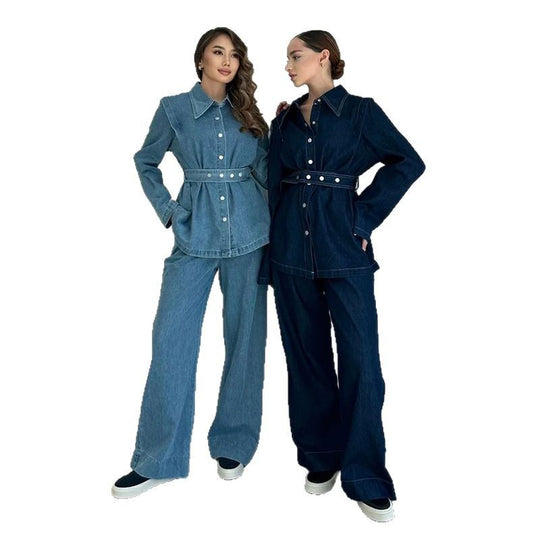 Damen modischer Jeansmantel mit tailliertem Gürtel EB