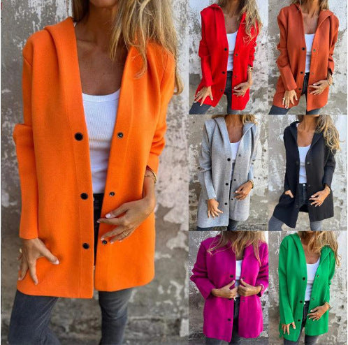 Damen nan Kapuzenmantel mittellanger Baumwollmix mit Druckknopfleiste und Eingrifftaschen EB