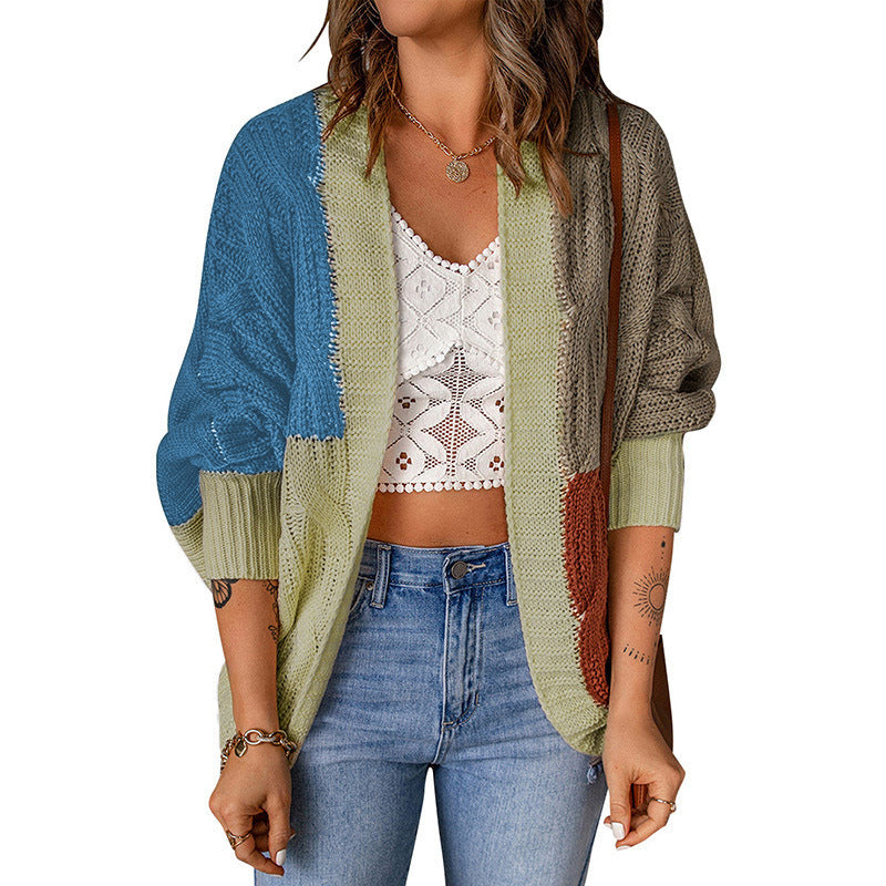 Damen Lockere Strickjacke mit modischem Farbblockdesign und tiefen Taschen EB