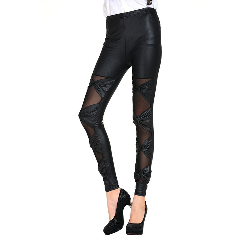 Damen Leggings mit transparenten Einsätzen und dekorativen Knoten EB