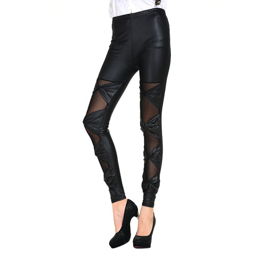 Damen Leggings mit transparenten Einsätzen und dekorativen Knoten EB