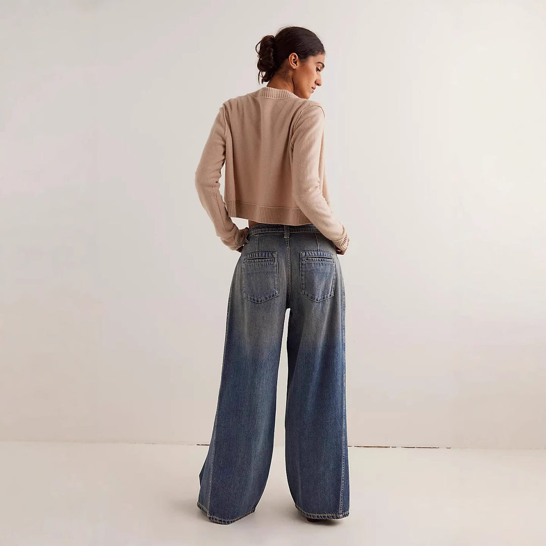 Damen nan extraweite High‑Waist Palazzo-Jeans mit hohem Bund, tiefem Schritt und verwaschener Vintage-Optik EB