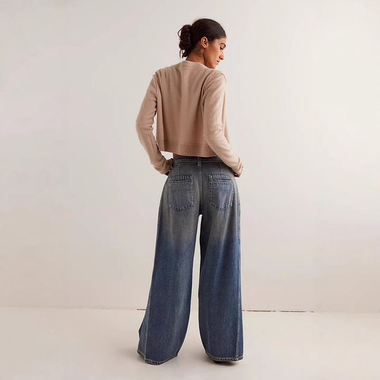 Damen nan extraweite High‑Waist Palazzo-Jeans mit hohem Bund, tiefem Schritt und verwaschener Vintage-Optik EB