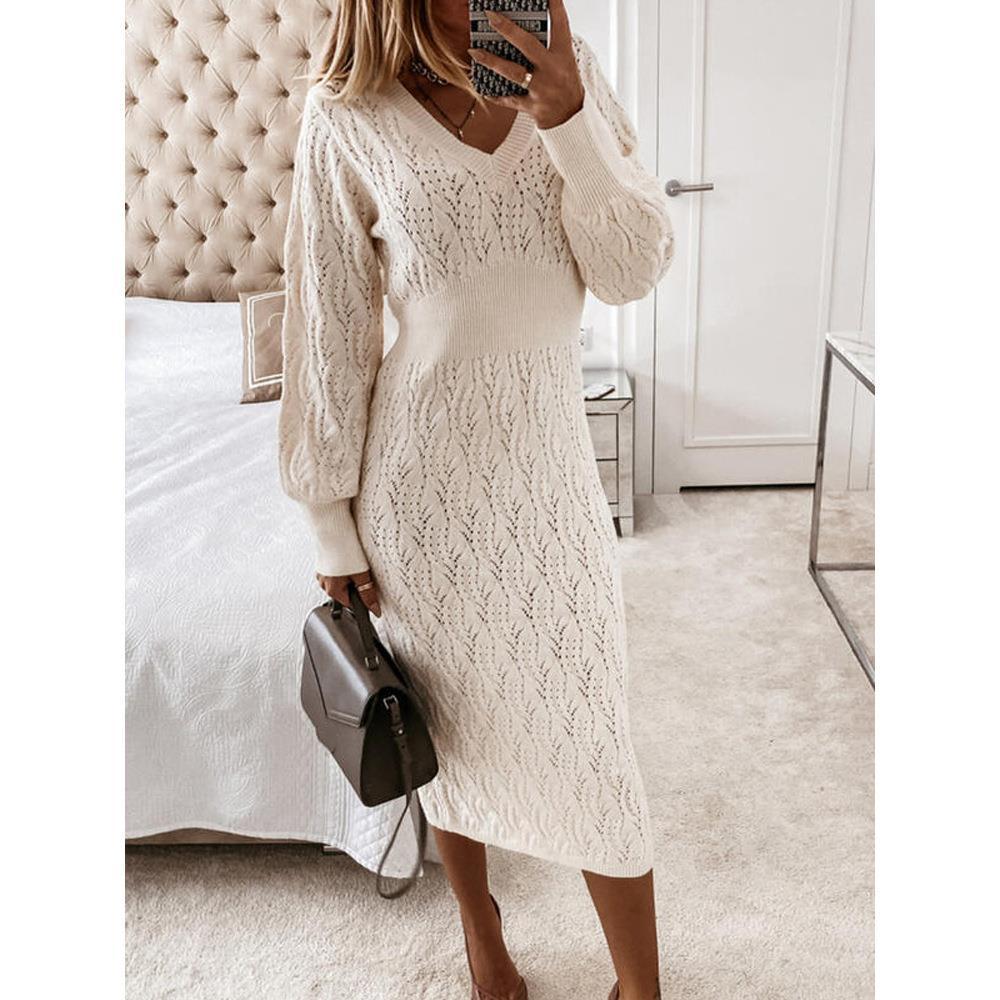 Damen Strickkleid mit halbtransparentem Muster und schickem V-Ausschnitt EB