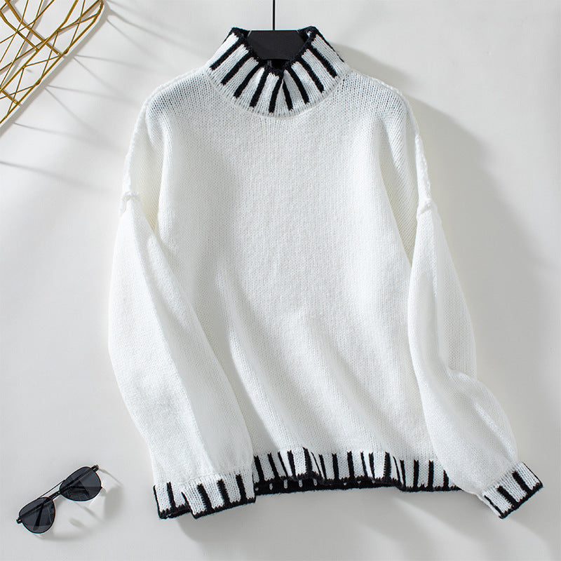 Damen modischer Pullover mit hochgeschlossenem Kragen und kontrastierenden Bündchen EB