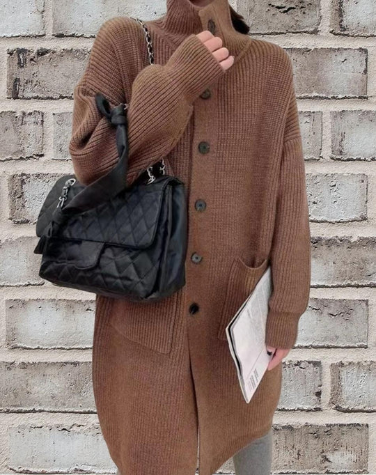 Damen Länger geschnittener Strickcardigan mit Knopfverschluss und aufgesetzten Taschen EB