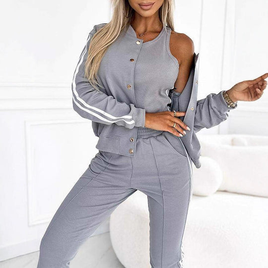 Damen nan sportliches Jogginganzug-Set mit Collegejacke, kurzes Top und slim-fit Jogginghose EB
